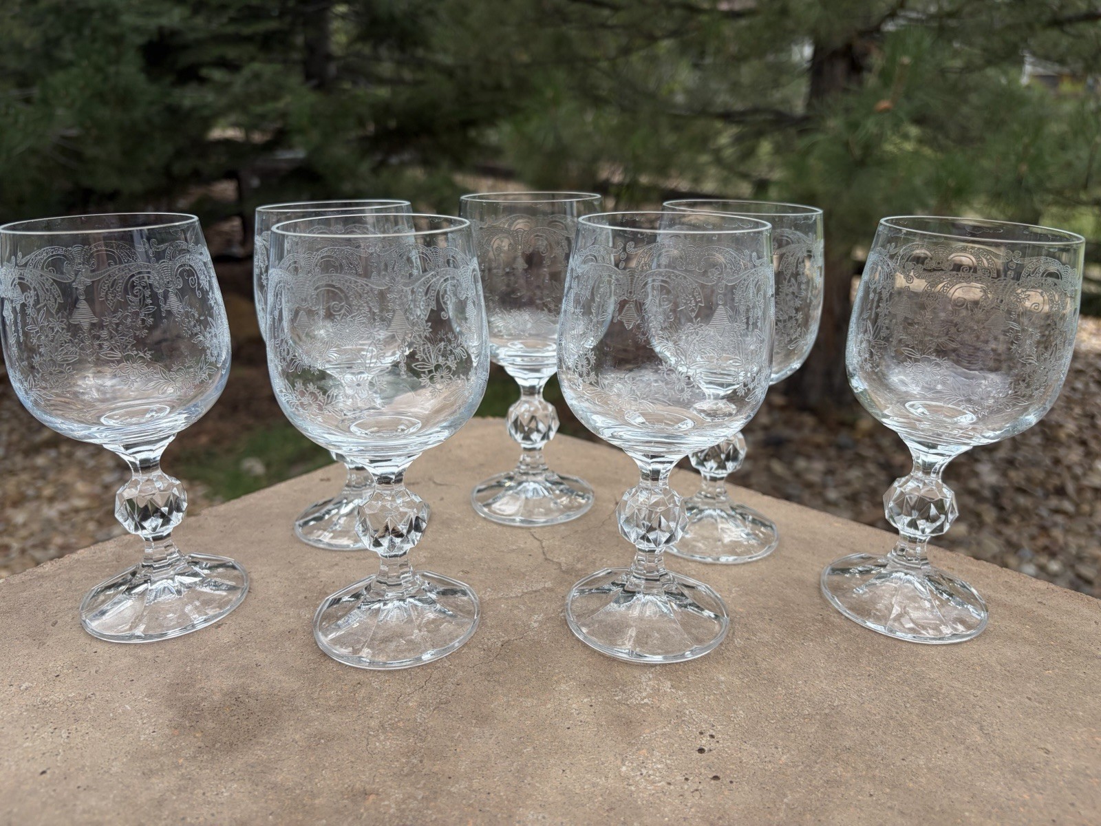 7 Vintage Bohemia Crystal Etched Cascade Wine Glass Goblets Ball Stem 5 3/4. “