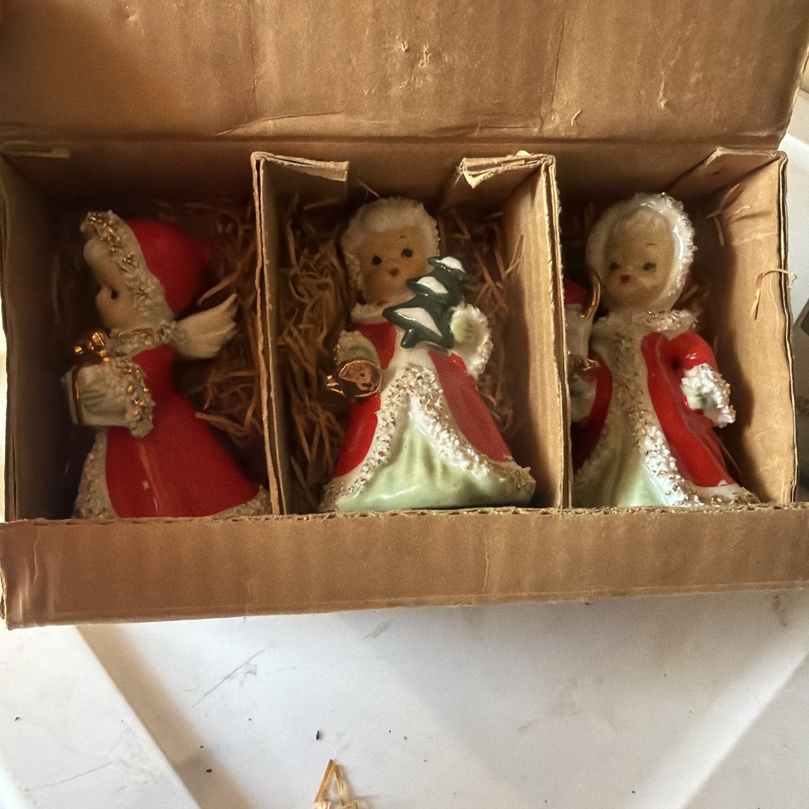 Vtg Set of 3 Enesco Spaghetti Trim Xmas Angels W/ Candy Canes, Presents & Wreath Vtg Set of 3 Enesco Spaghetti Trim Xmas Angels W/ Candy Canes, Presents & Wreath