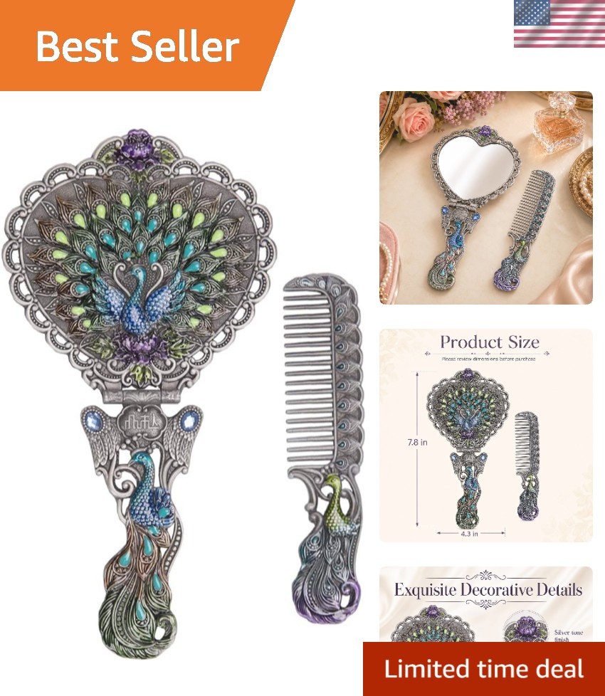 Elegant Handheld Vintage Mirror & Comb Set - Delightful Heart-Shaped Design