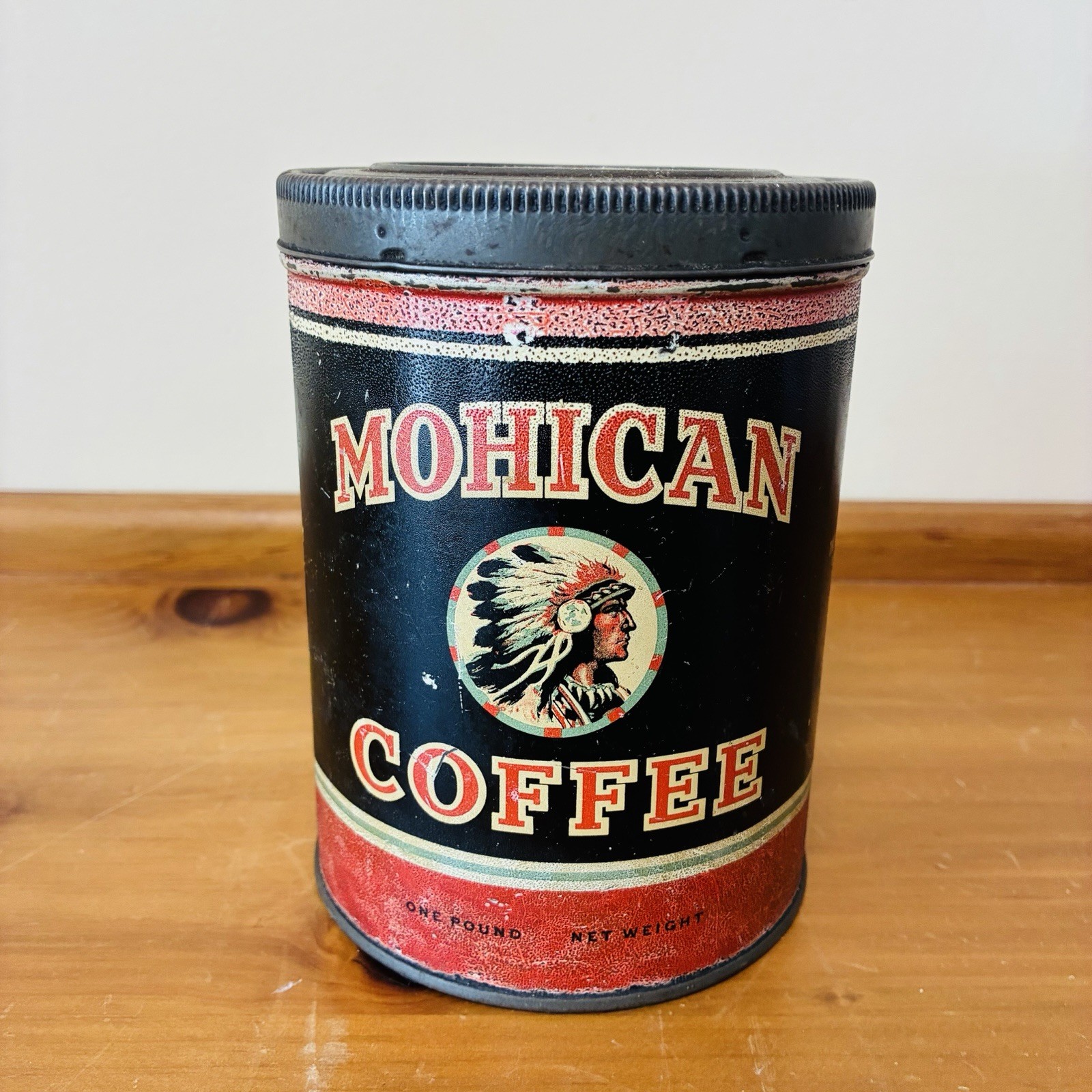 Antique Mohican Coffee Tin Can, New York, Rare Red And Black W/ Indian 1 Pound Antique Mohican Coffee Tin Can, New York, Rare Red And Black W/ Indian 1 Pound