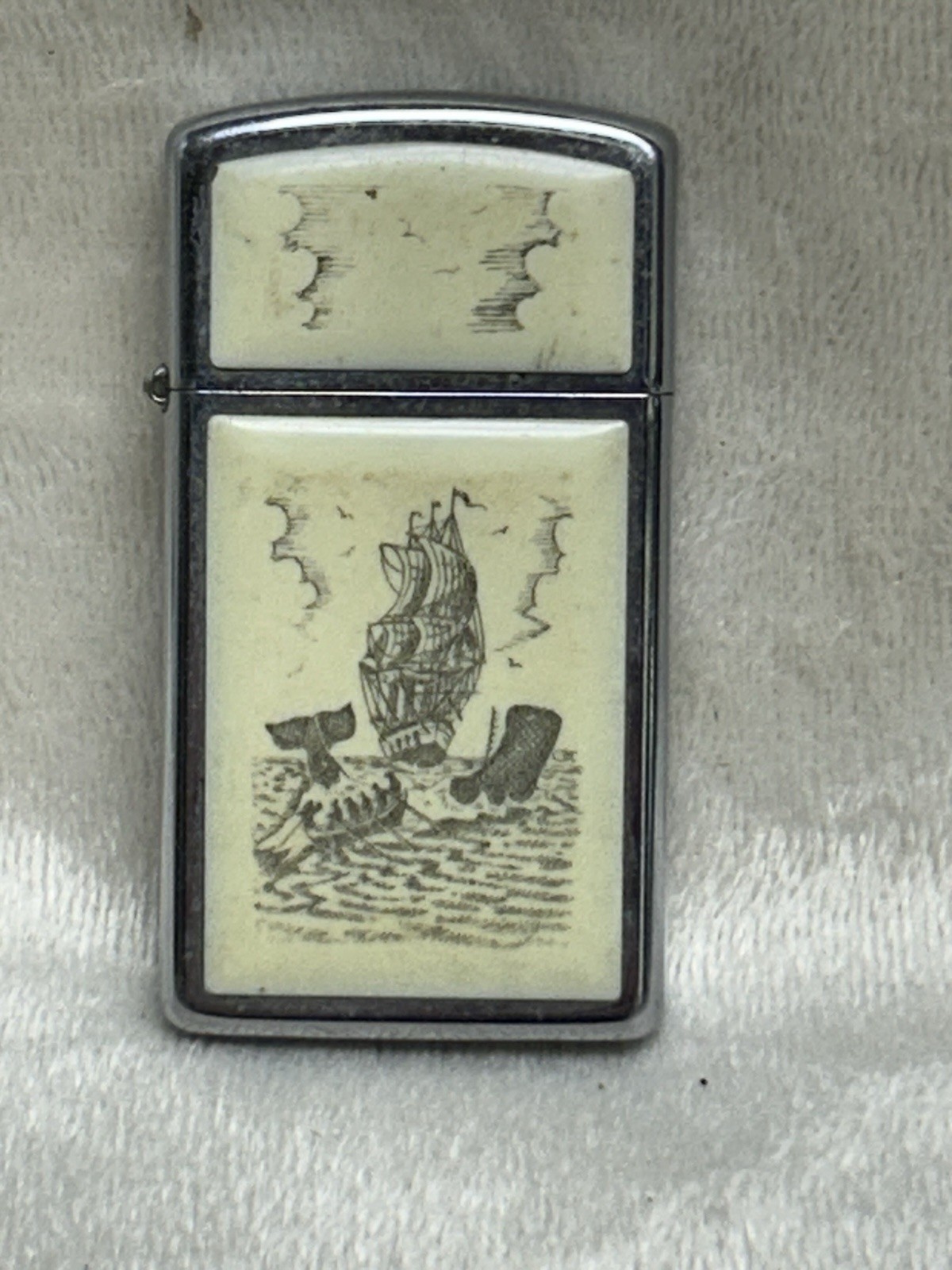 Vintage 1978 Zippo Slim Scrimshaw Whaling Scene Lighter Whaler Ship & Whale