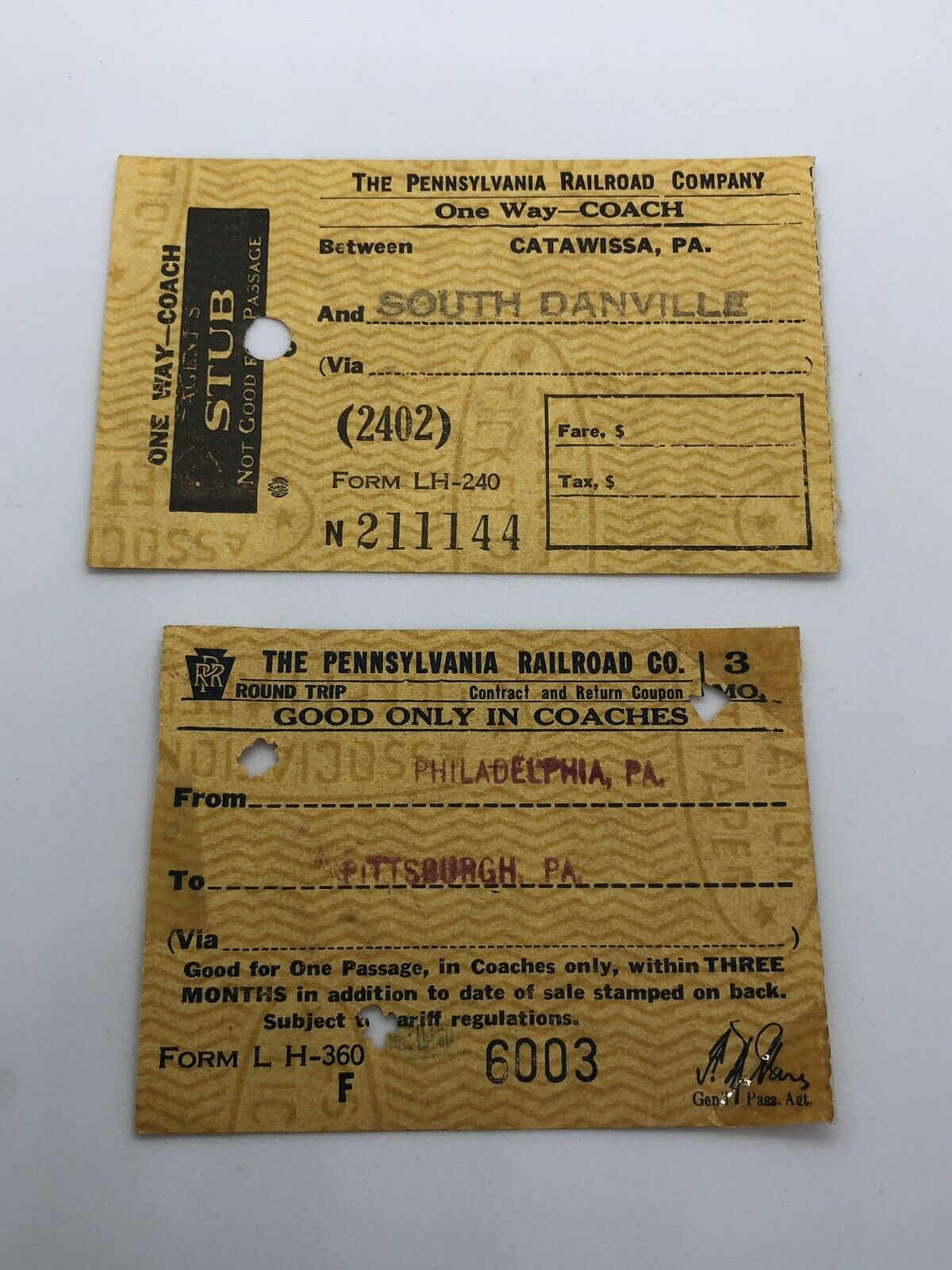 Lot of Two Pennsylvania Railroad One-Way Coach Tickets 1949-1950