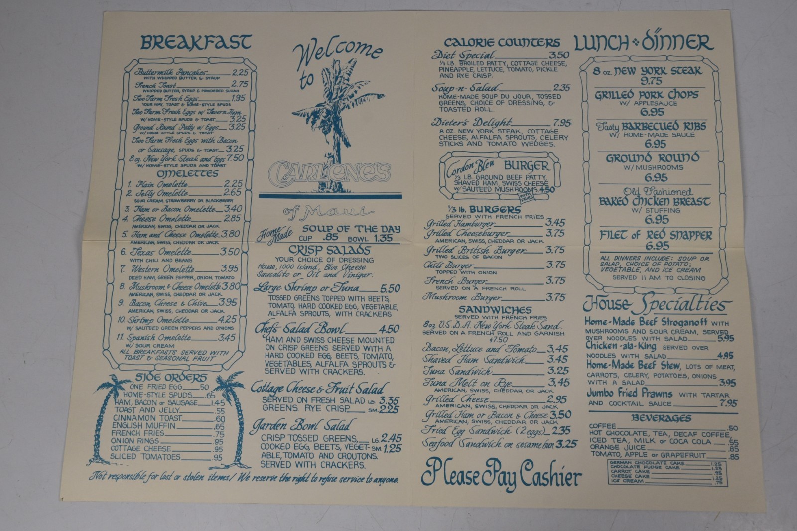 Vintage Carlene's of Maui Restaurant Menu San Francisco Retro 1980s