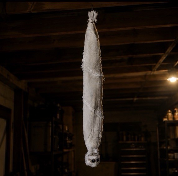 3 ft White Fabric Hanging Mummy Cocoon Prop Halloween Decoration animated Karl