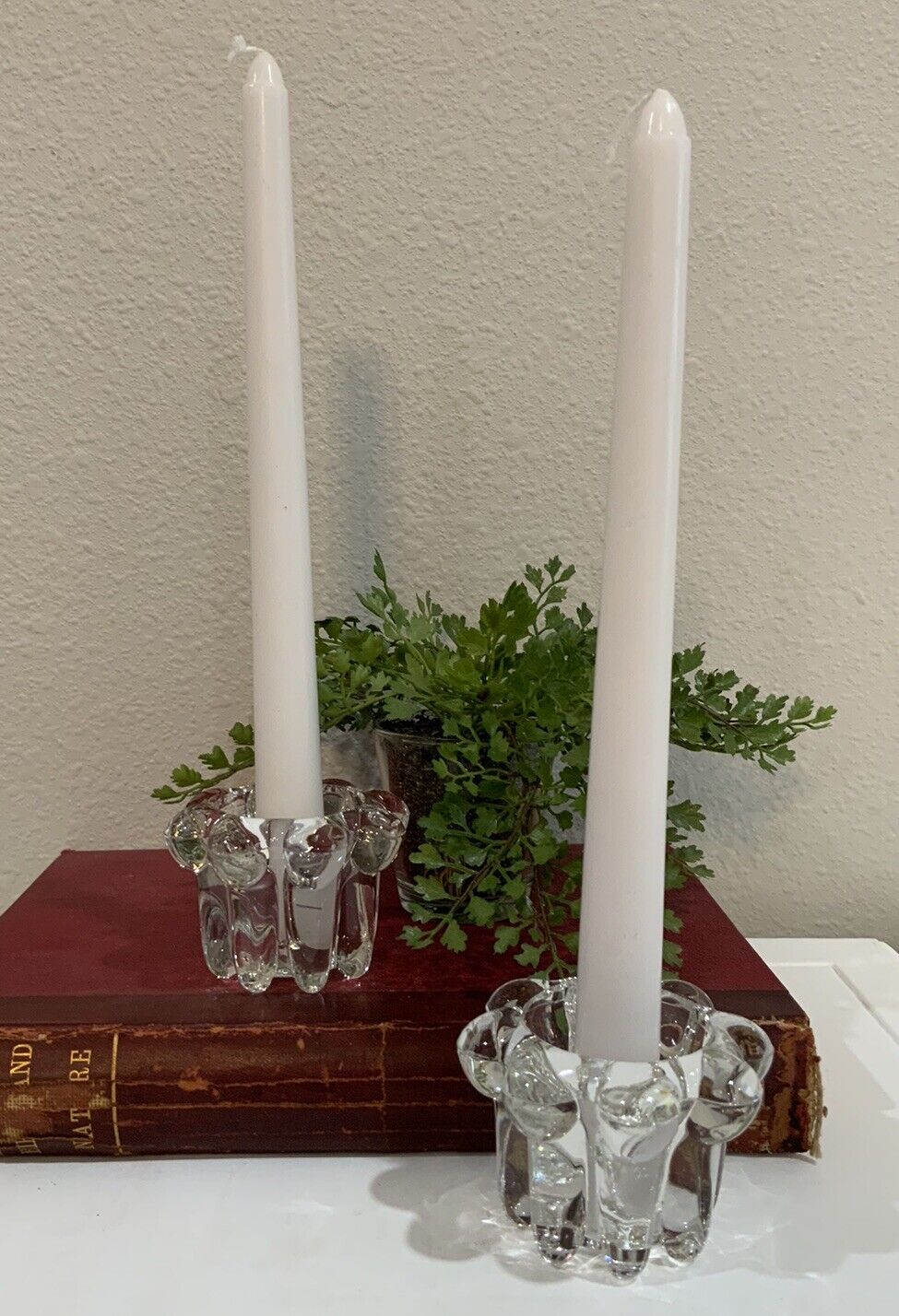 Vtg Clear Heavy Crystal Candleholder Candlestick Holder Taper Flower Shape NOS