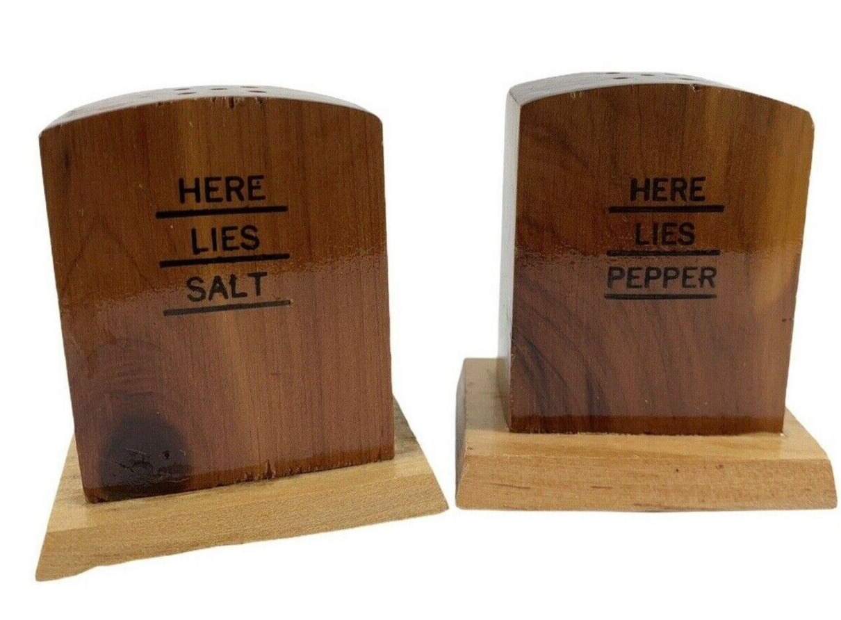 Wood Salt and Pepper Shakers Gravestone Here Lies Salt and Here Lies Pepper