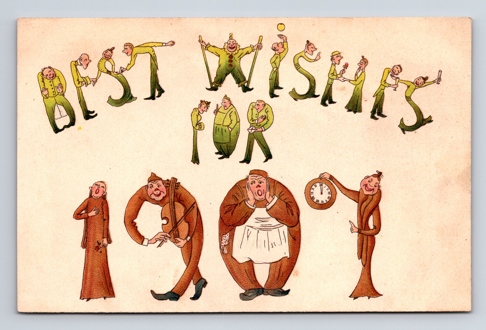 c1907 1907 Best Wishes Artist Caricatures Comic People Letters Postcard