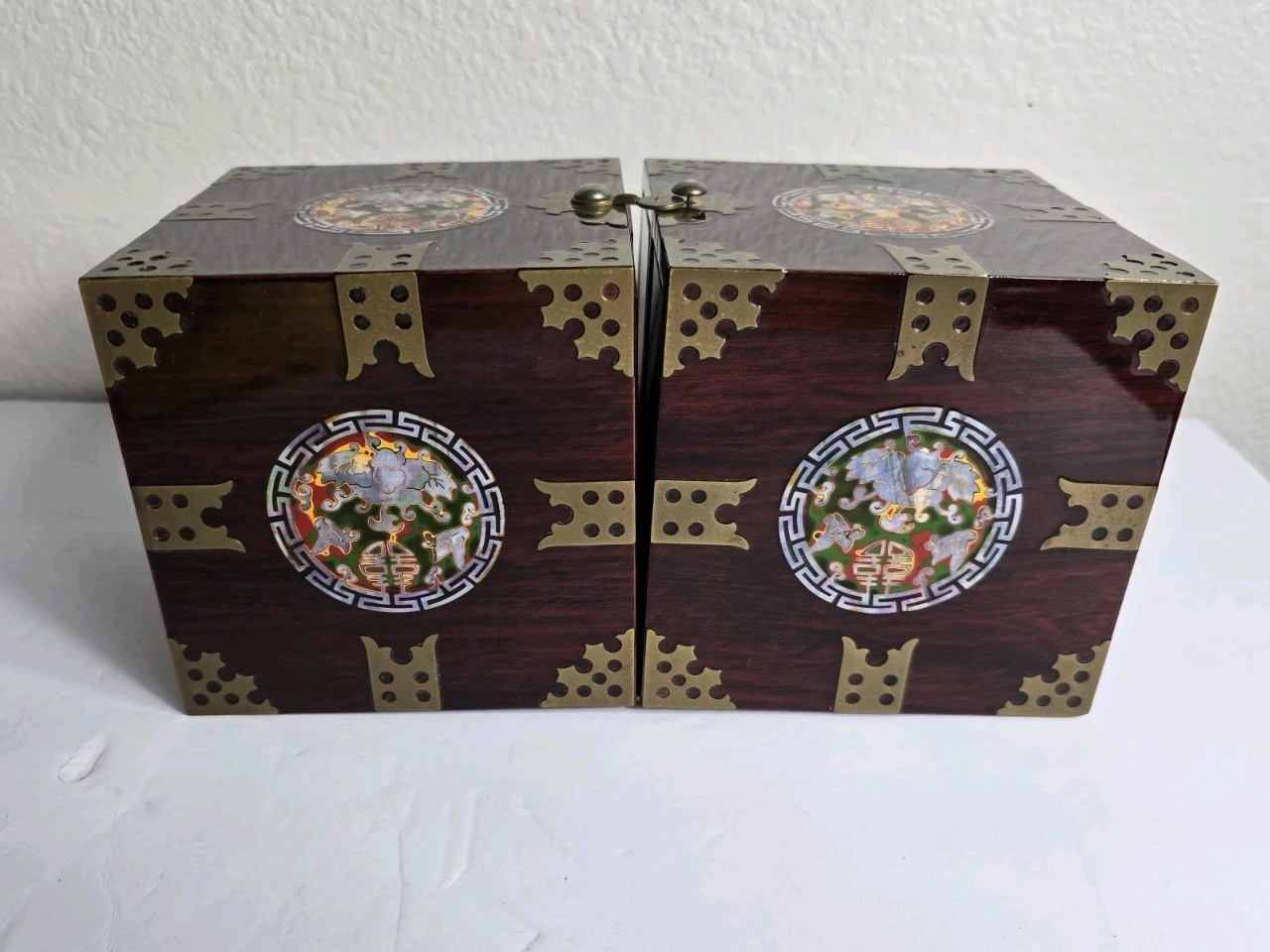 Vintage Asian Style Wooden Jewelry Box Brass Hardware, Abalone Inlay, Drawers Vintage Asian Style Wooden Jewelry Box Brass Hardware, Abalone Inlay, Drawers