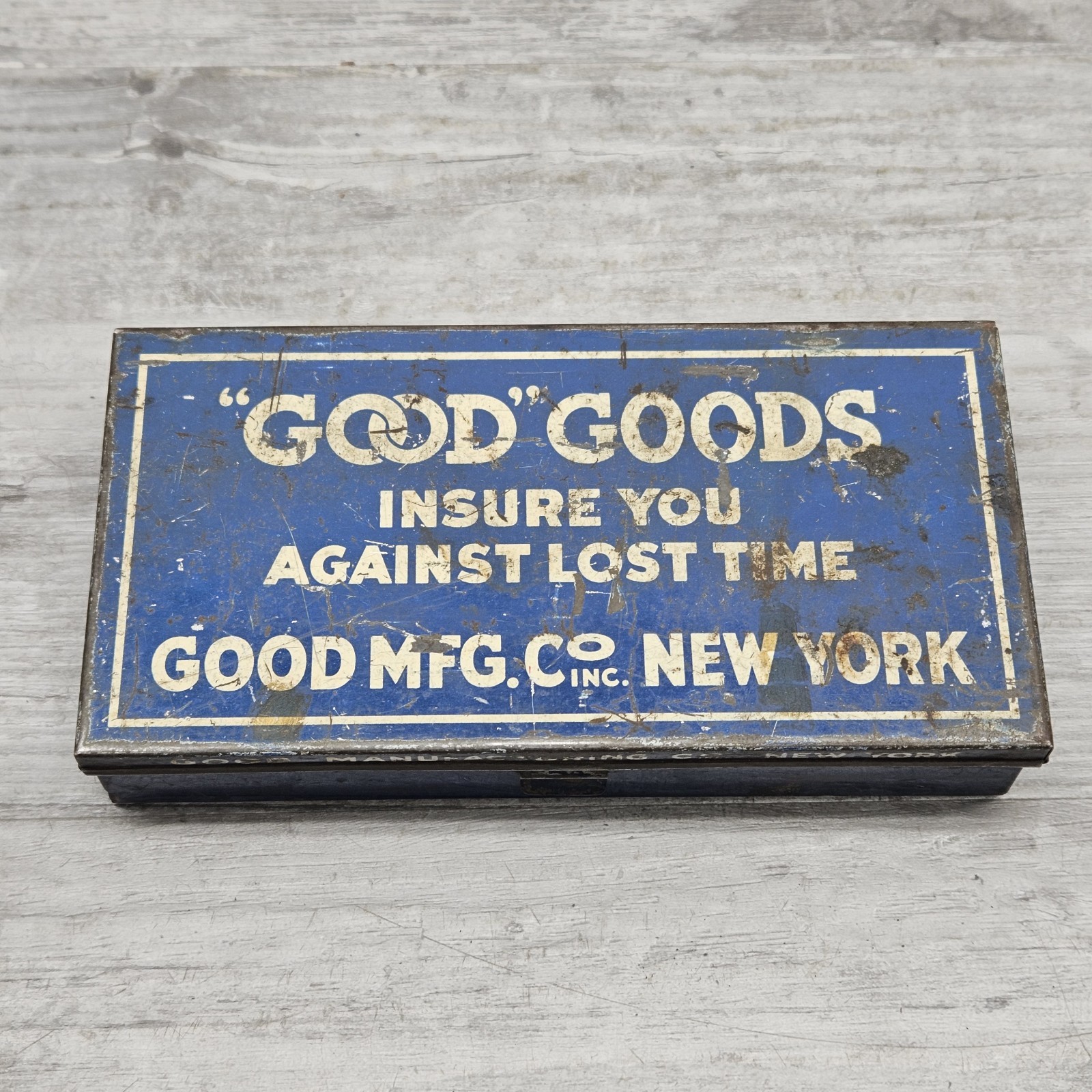 Vintage Good Goods Manufacturing Co New York Advertising Dividing Tin W/ Content Vintage Good Goods Manufacturing Co New York Advertising Dividing Tin W/ Content