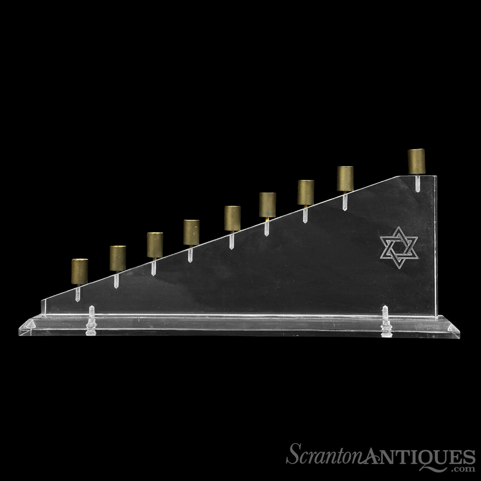 Mid-Century Modern Clear Lucite Hanukkah Menorah w/ Etched Star of David