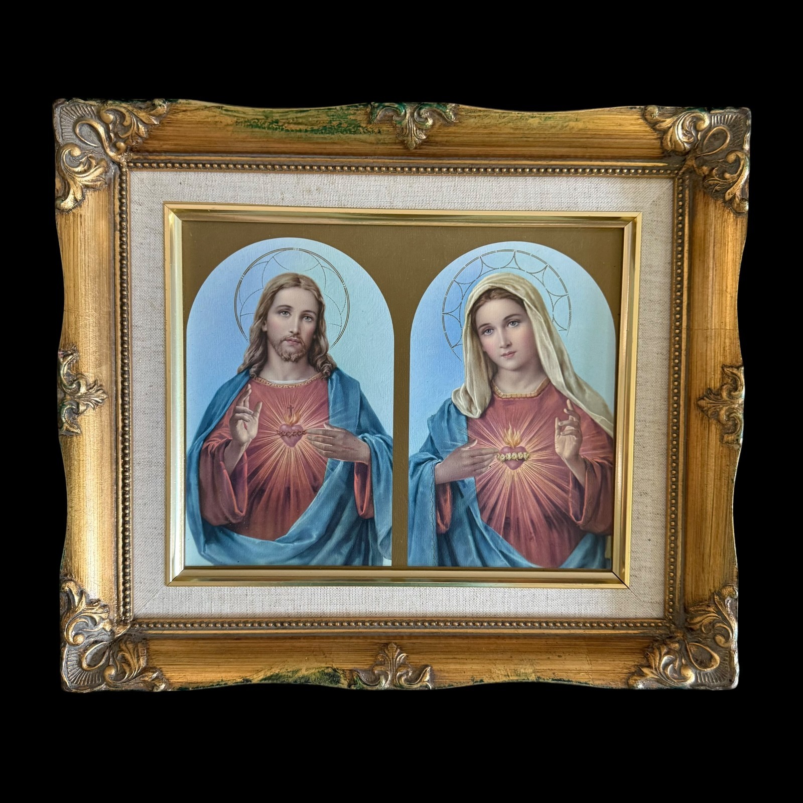 Roman Catholic Sacred Hearts of Jesus and Mary Ornate Gold Frame 11.5\