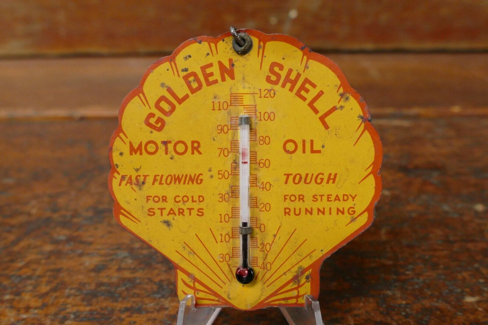 RARE Vintage 1930s Original Golden Shell Motor Oil Clamshell Thermometer Sign
