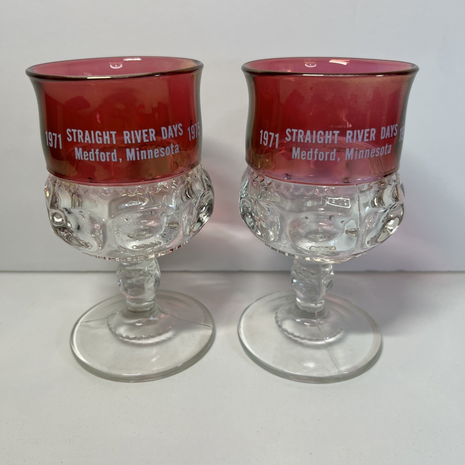 Antique Ruby Red Flash Glass Goblet Cup Souvenir of Medford, Minnesota Set of 2