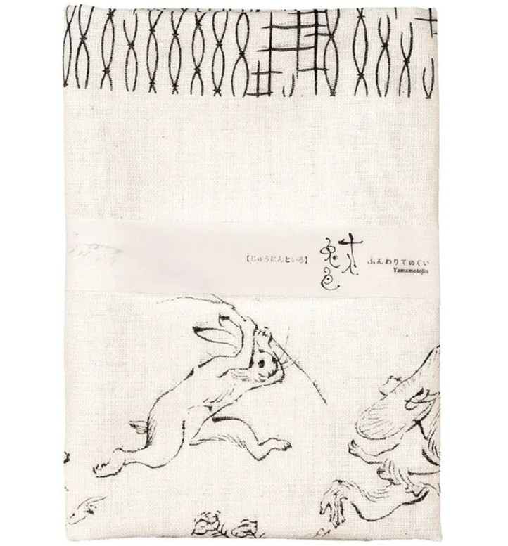 Japanese Tenugui Tapestry Cotton Hand Towel Choju-Giga Style Playful Rabbit