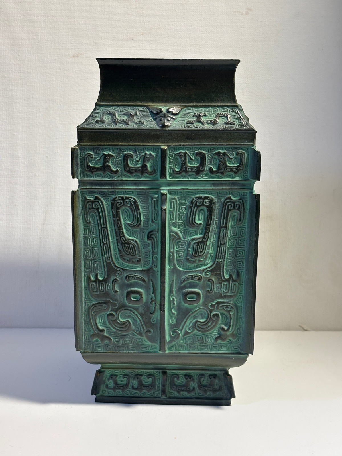 VINTAGE ASIAN CAST METAL SQUARE VASE FEATURES TAOTIE BEAST FACE MOTIF