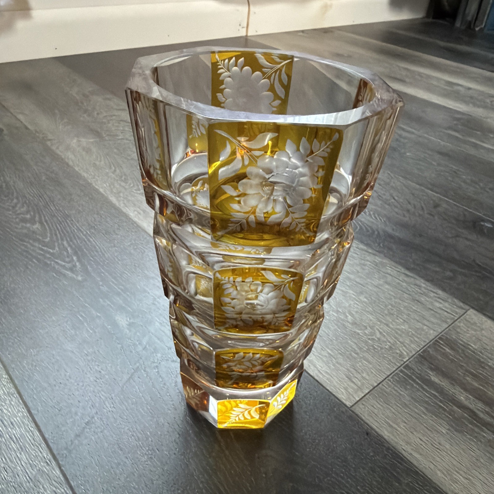 Vintage Art Deco Faceted & Engraved Crystal Glass Vase Bohemia Style
