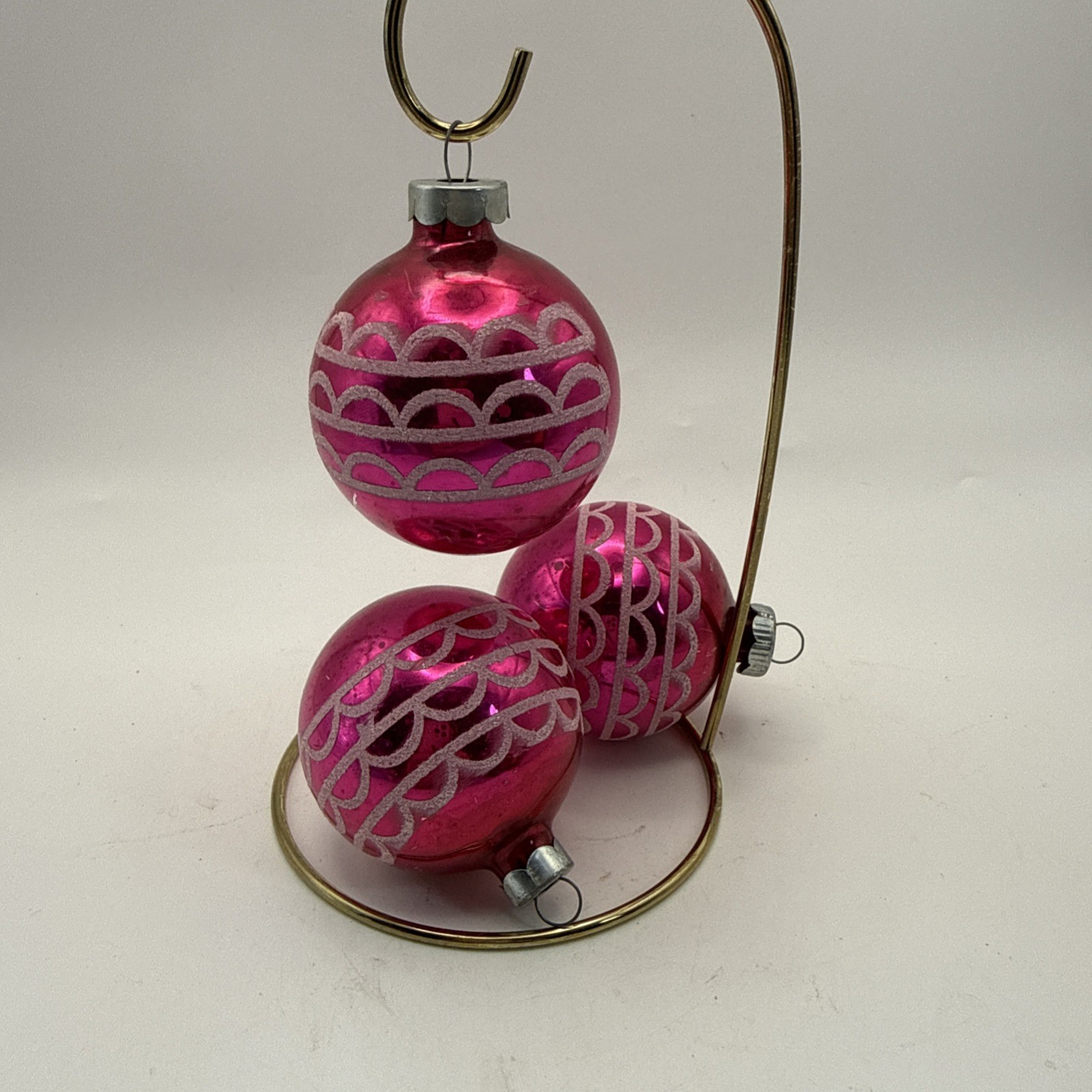 Vintage DARK PINK FUSIA Blown Glass Christmas Ornament , 2.25 Set Of Three