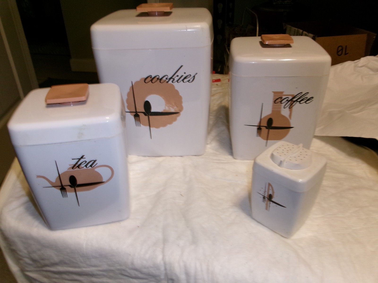 Vintage White Plastic Kitchen Canister Set of 4, Cookies, Coffee, Tea, S&P Combo