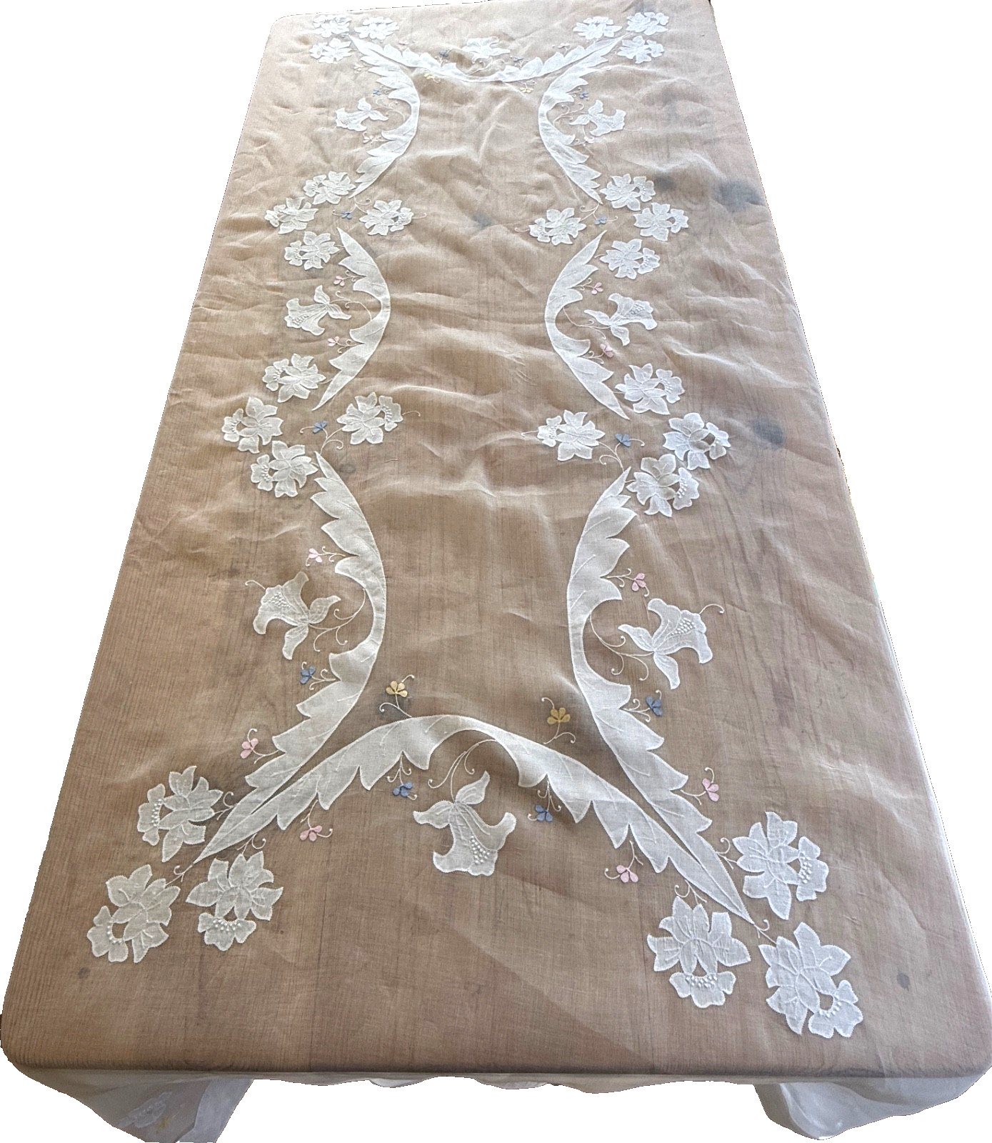 Vintage Madeira Linen Organza Hand Embroidered Banquet Tablecloth & Napkins B396
