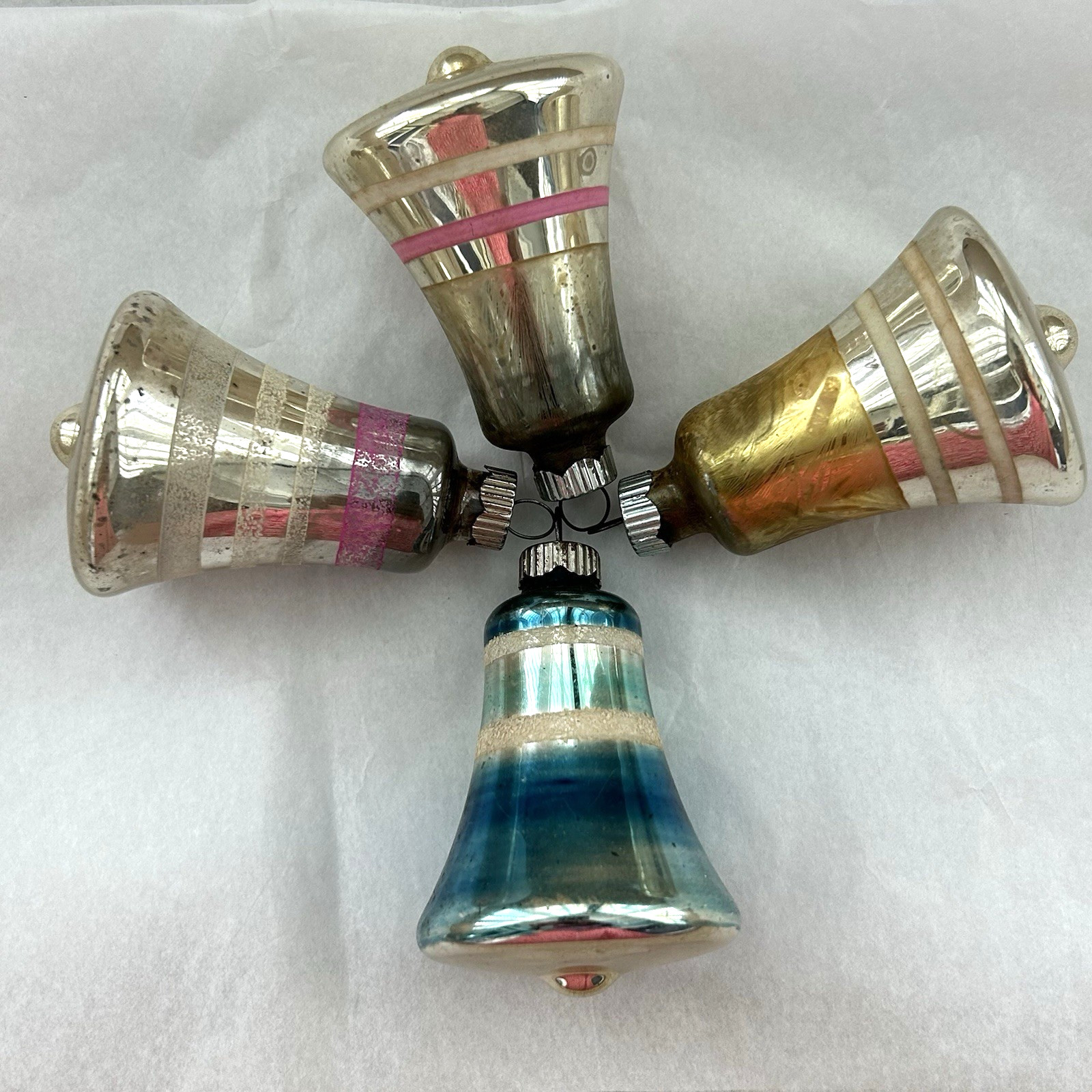 Lot 4 VTG Glass Ornaments Shiny Brite Bells Striped Mica Pink Blue Christmas USA