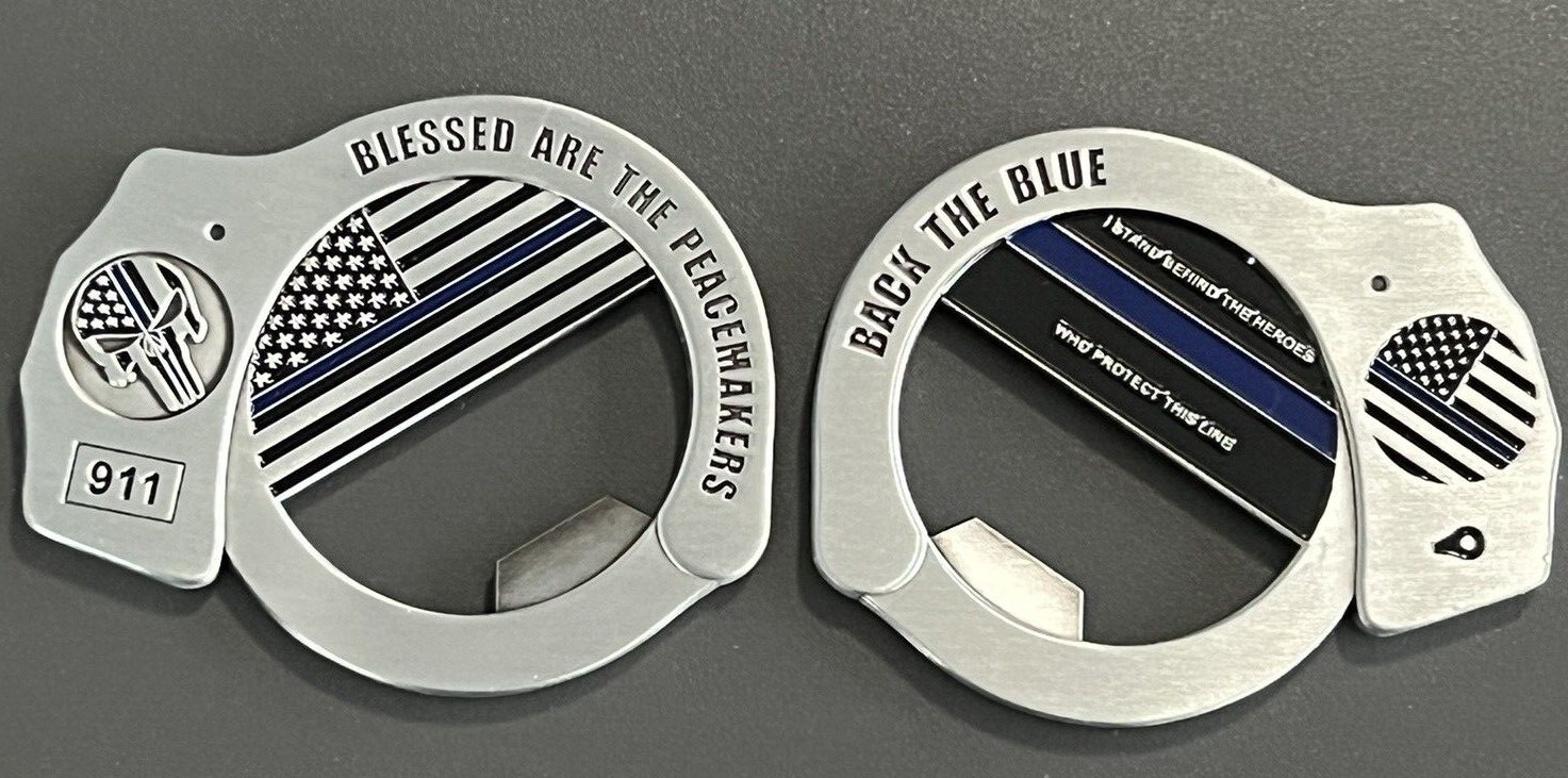 Punisher Handcuff Challenge Coin Bottle opener-Back The Blue-Free Sipping