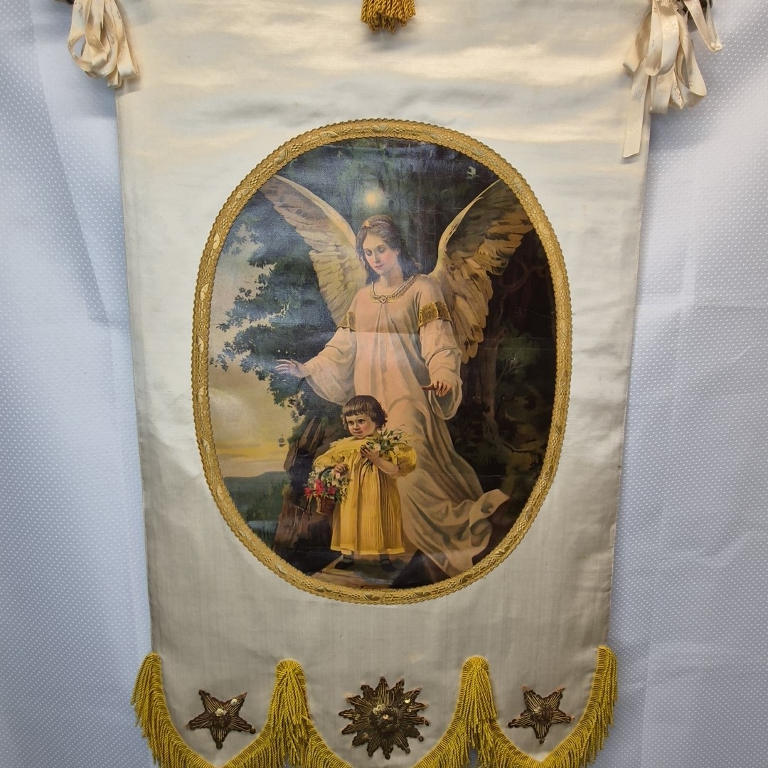 Antique 19th Century Handmade Silk Guardian Angel Catholic Banner Shrine Sacred 