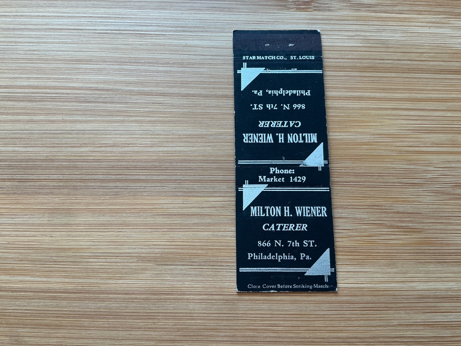 Matchbook Cover - Milton H. Wiener, Caterer - Philadelphia PA