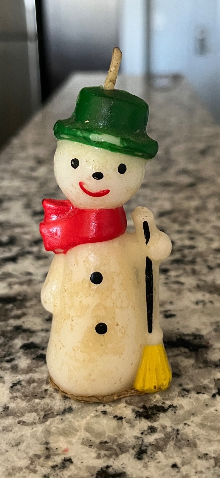 Vtg Gurley SNOWMAN Green Hat, Yellow Broom, Red Scarf 3.5