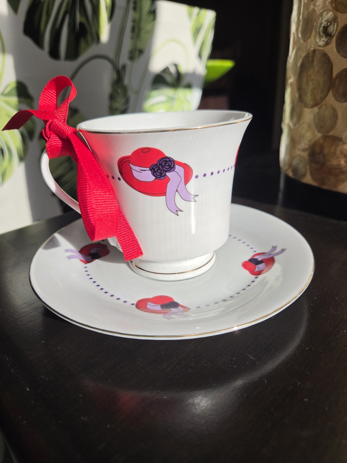 NEW Darice Red Hat Cups and Saucers New in Box 2013 Gold Trim