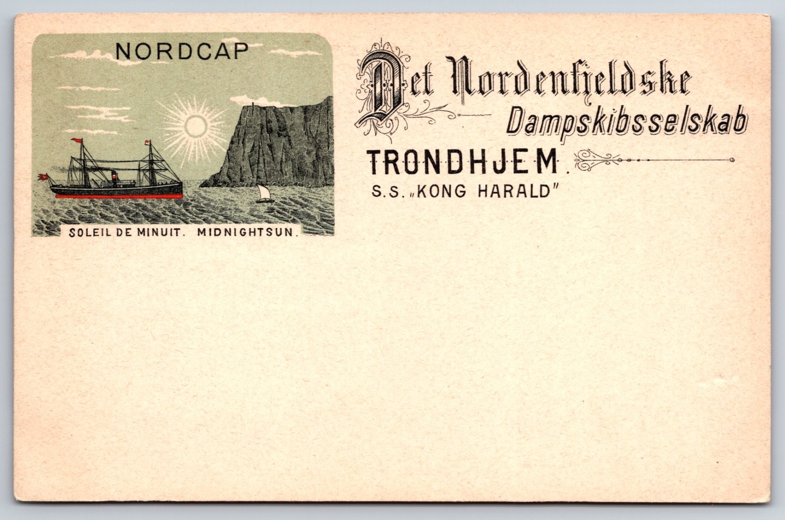 Nordkapp Norway S.S. Kong Harald Ship Midnight Sun Nordenfjeldske Postcard