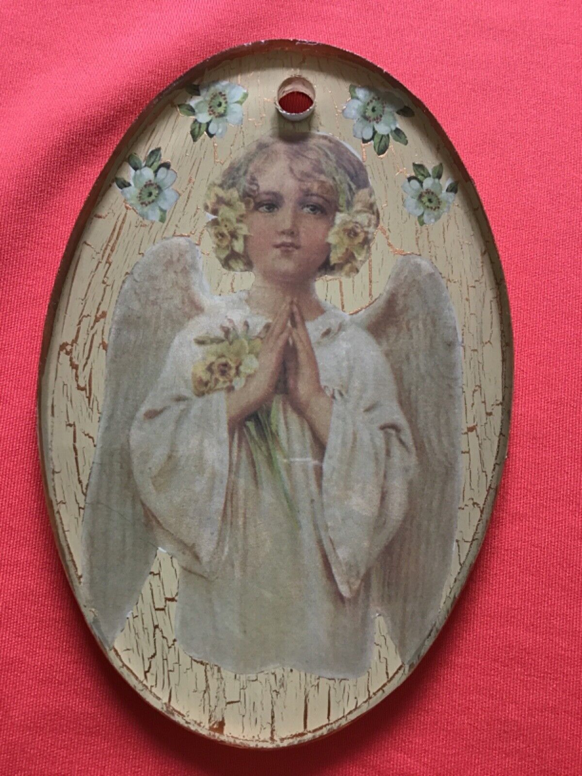 Vintage oval glass picture with a wonderful angel from Italy 4 x 6 inches