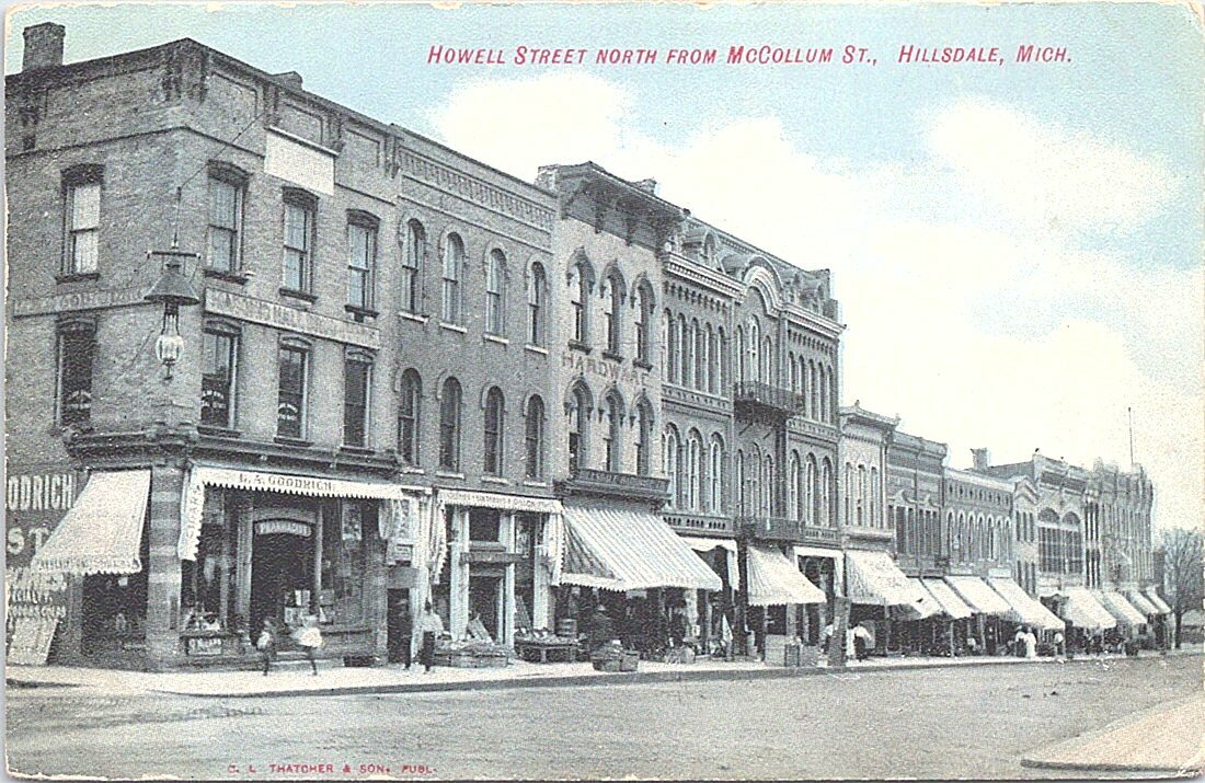 Lithograph Hillsdale Michigan Street Scene Business District early 1900s Lithograph Hillsdale Michigan Street Scene Business District early 1900s