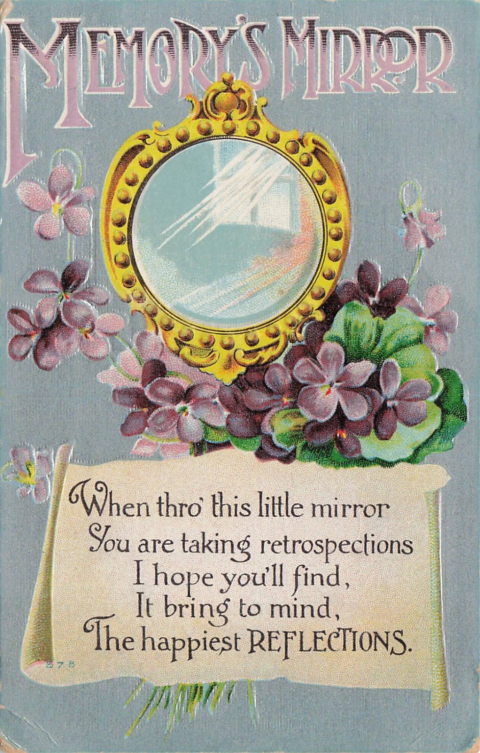 Memory\'s Mirror Violets Gold Frame Poem Antique Postcard 1911 Johnstown NY