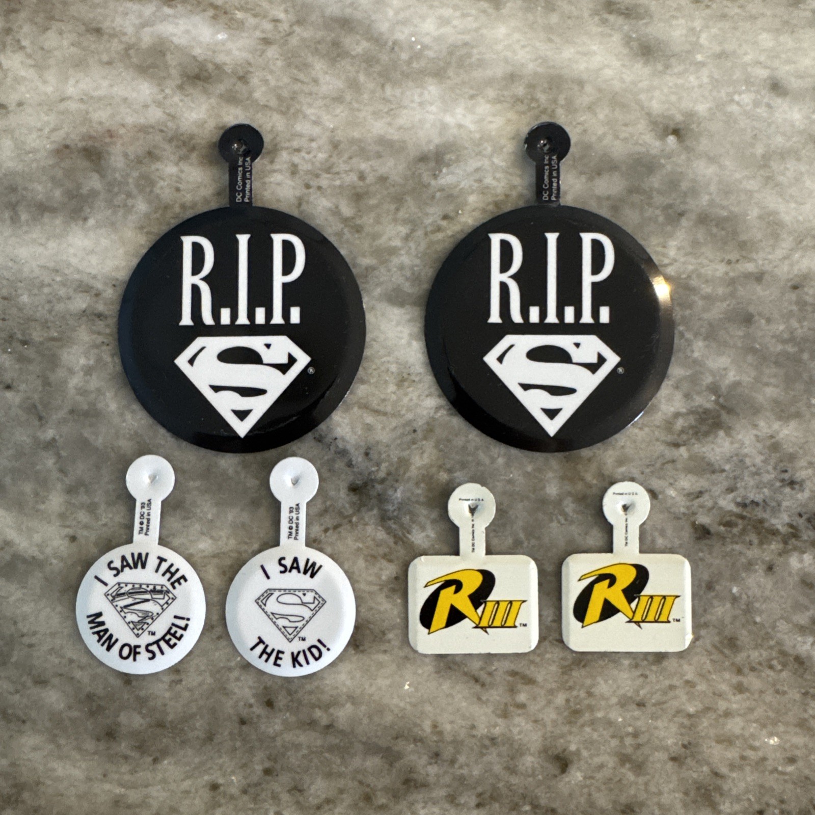 DC Comics Superman RIP Metal Badge Robin RIII Steel Tag Vintage 1990s Lot of 6