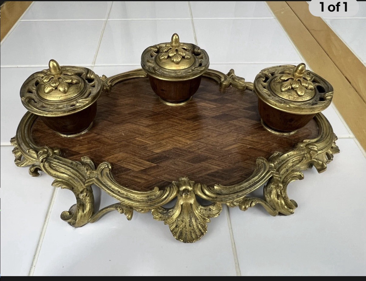 Vintage French Louis XV Style Gilt Bronze Wood Triple Inkwell