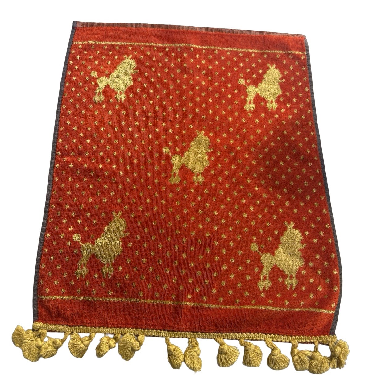 Vintage Besana French Poodle Hand Towel Italy Cotton Viscose Red Gold Poms