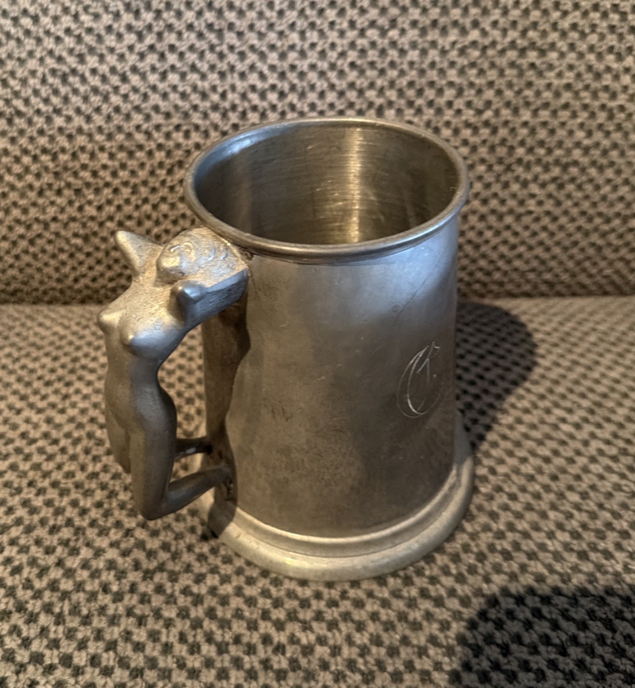 Vintage Old English Pewter Mug with Glass Bottom and Naked Nude Lady Handle