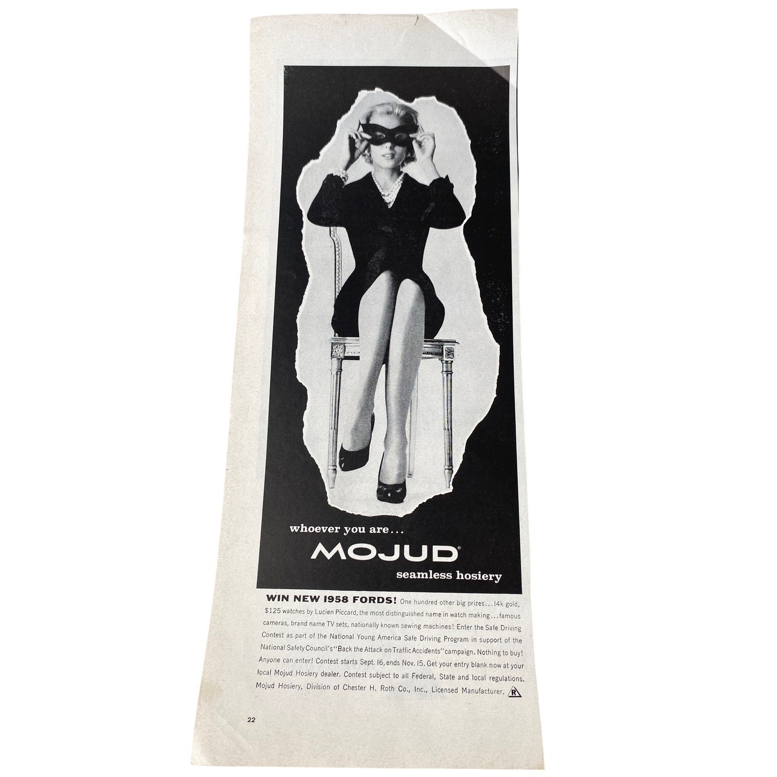 Vintage 1958 Mojud Seamless Hosiery Print Ad Masked Woman Mid-Century Ephemera