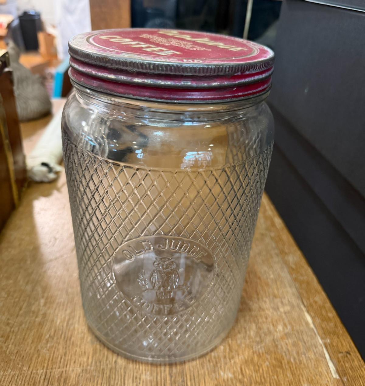 Large Vintage Old Judge Coffee Mercantile Store Glass Jar with Lid