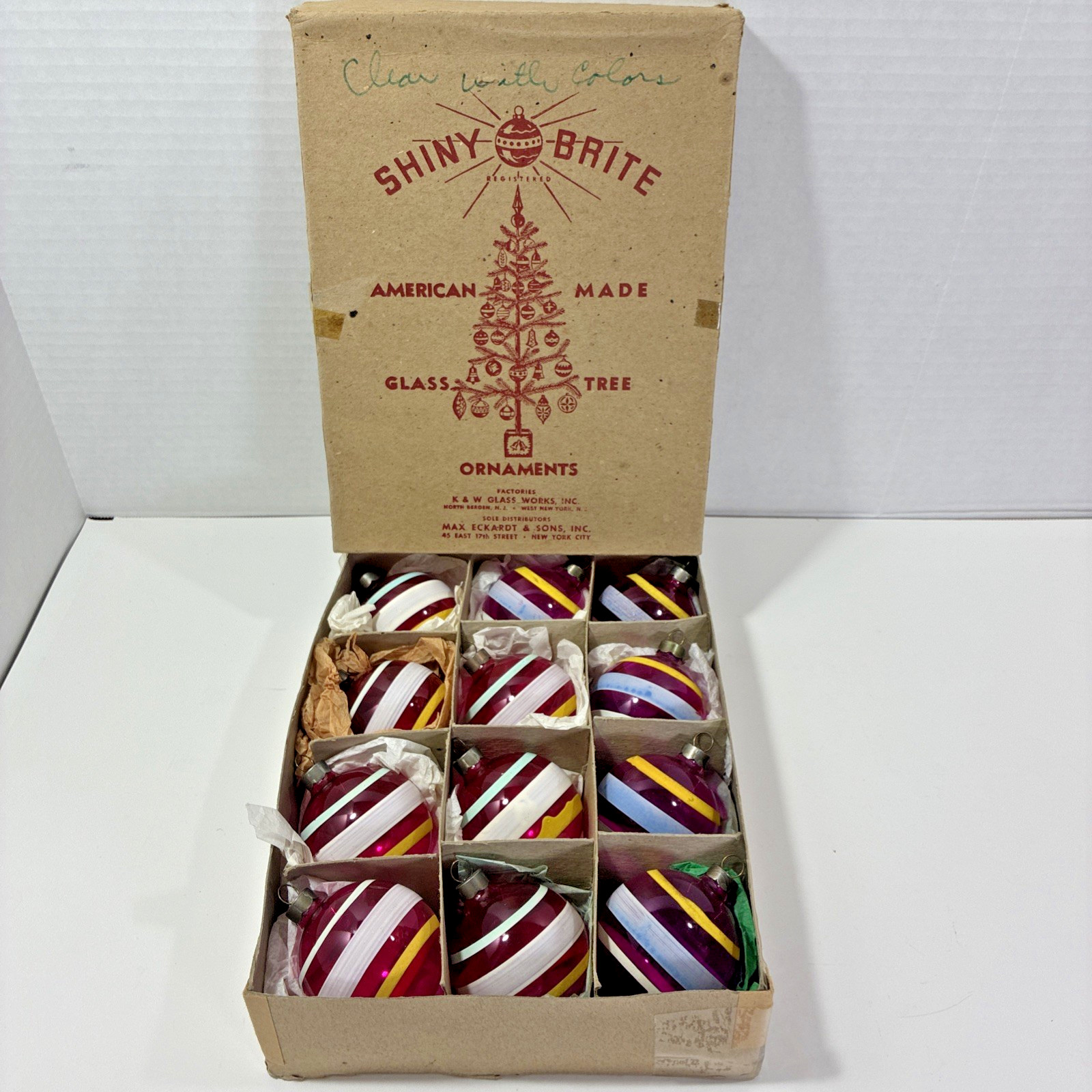 Vtg WWII Unsilvered Shiny Brite Striped Glass Christmas Ornaments Eckardt w/ Box Vtg WWII Unsilvered Shiny Brite Striped Glass Christmas Ornaments Eckardt w/ Box
