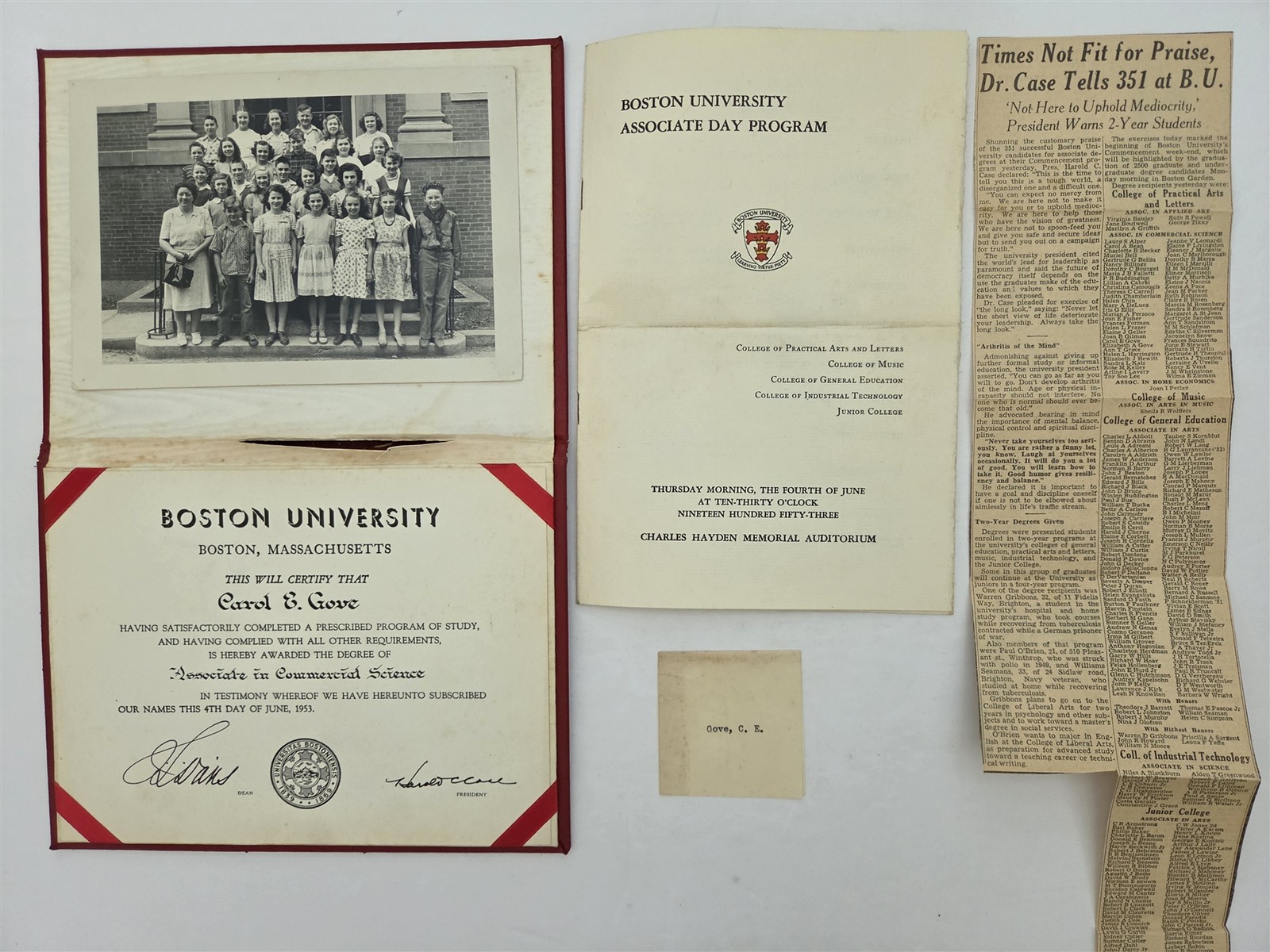 1953 antique BOSTON UNIVERSITY DIPLOMA CAROL E GOVE graduation lot SHEDD