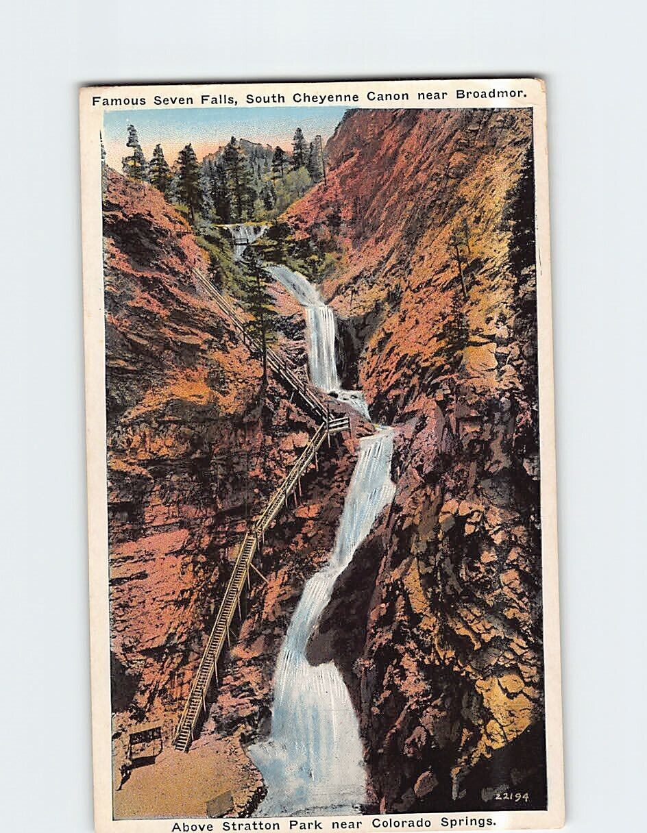 Postcard Seven Falls Cheyenne Canyon Above Stratton Park Colorado USA