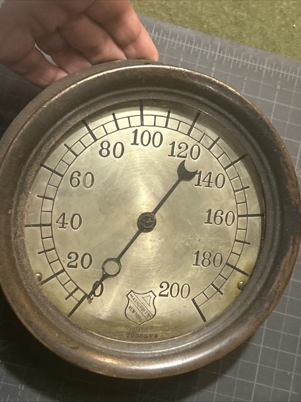 c1905 Ashcroft Bourdon Co. 7.25” Brass 200 PSI Pressure Tube Gauge 783864 A Iron