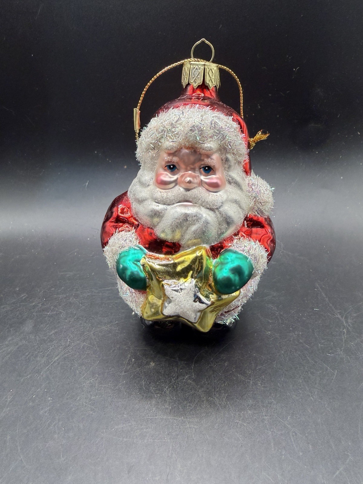 Vintage Blown Glass Santa Christmas Ornament Holding Star Tinsel Trim 4.5\