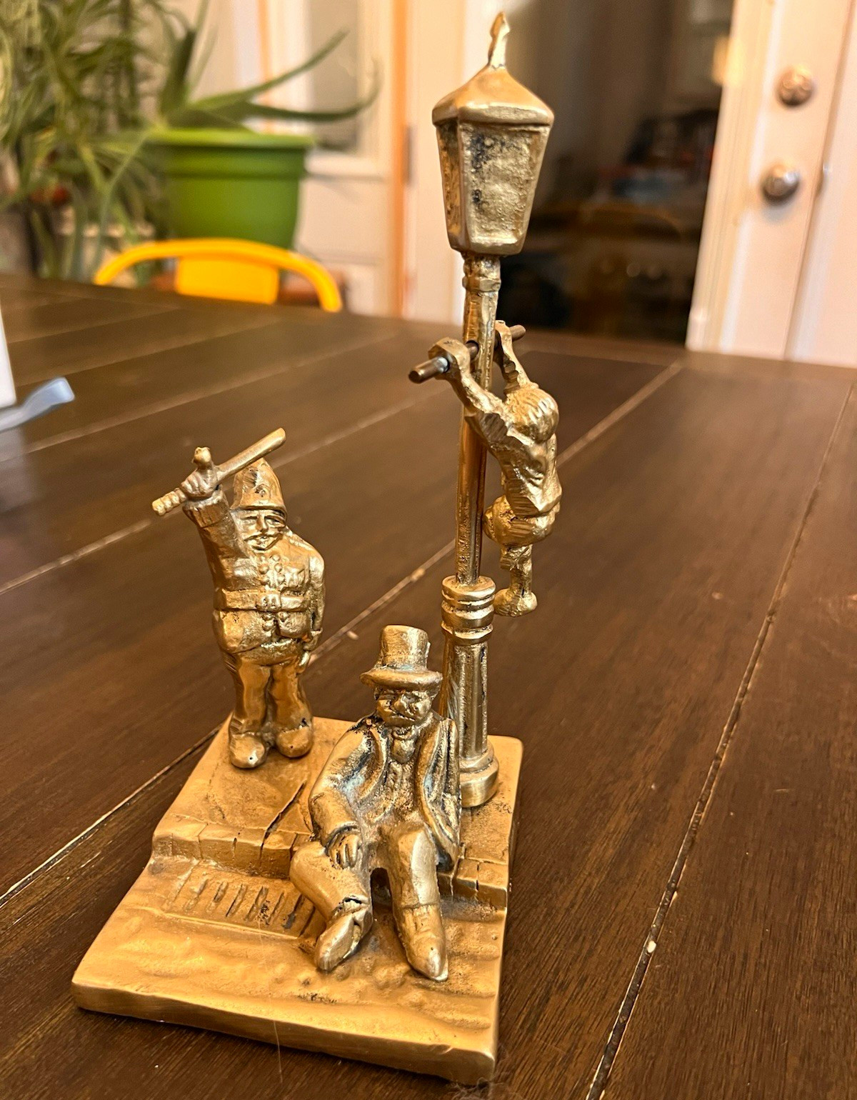 Vintage Solid Brass London Victorian scene drunk/policeman/naughty kid lamppost