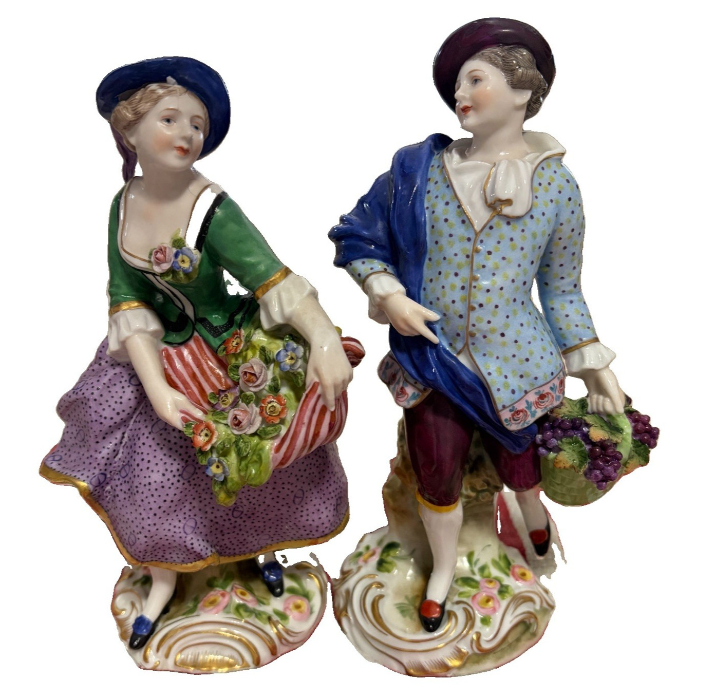 Italian Capodimonte Porcelain Figurines Man Grapes Woman Flowers Crown N Mark