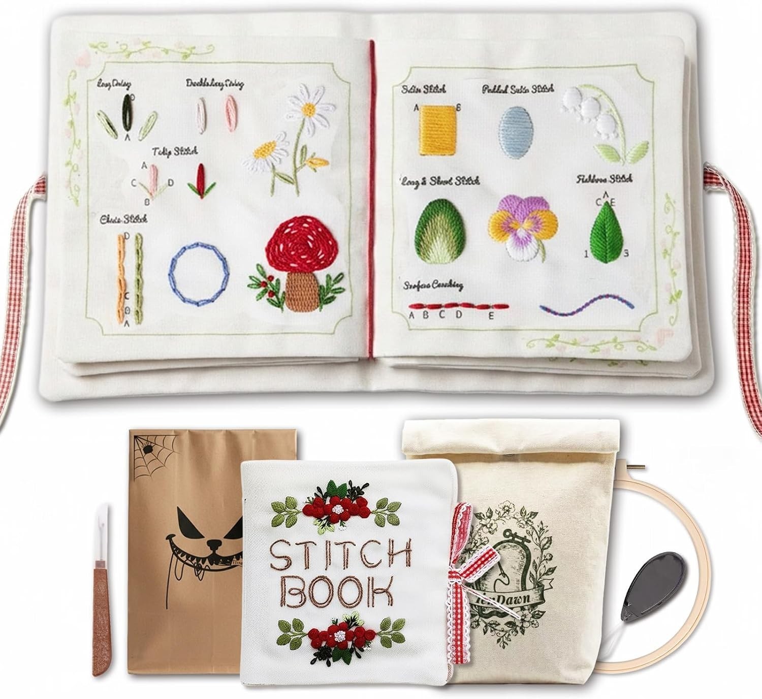 Beginner Embroidery Stitch Book with Fabric Pages, 32 Essential Stitches in S...