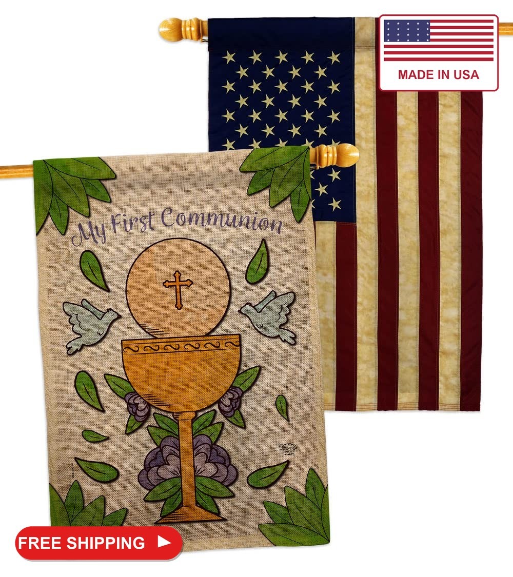 My Holy Communion Burlap House Flag - Pack Religious Faith Hope Grace Peace Dove