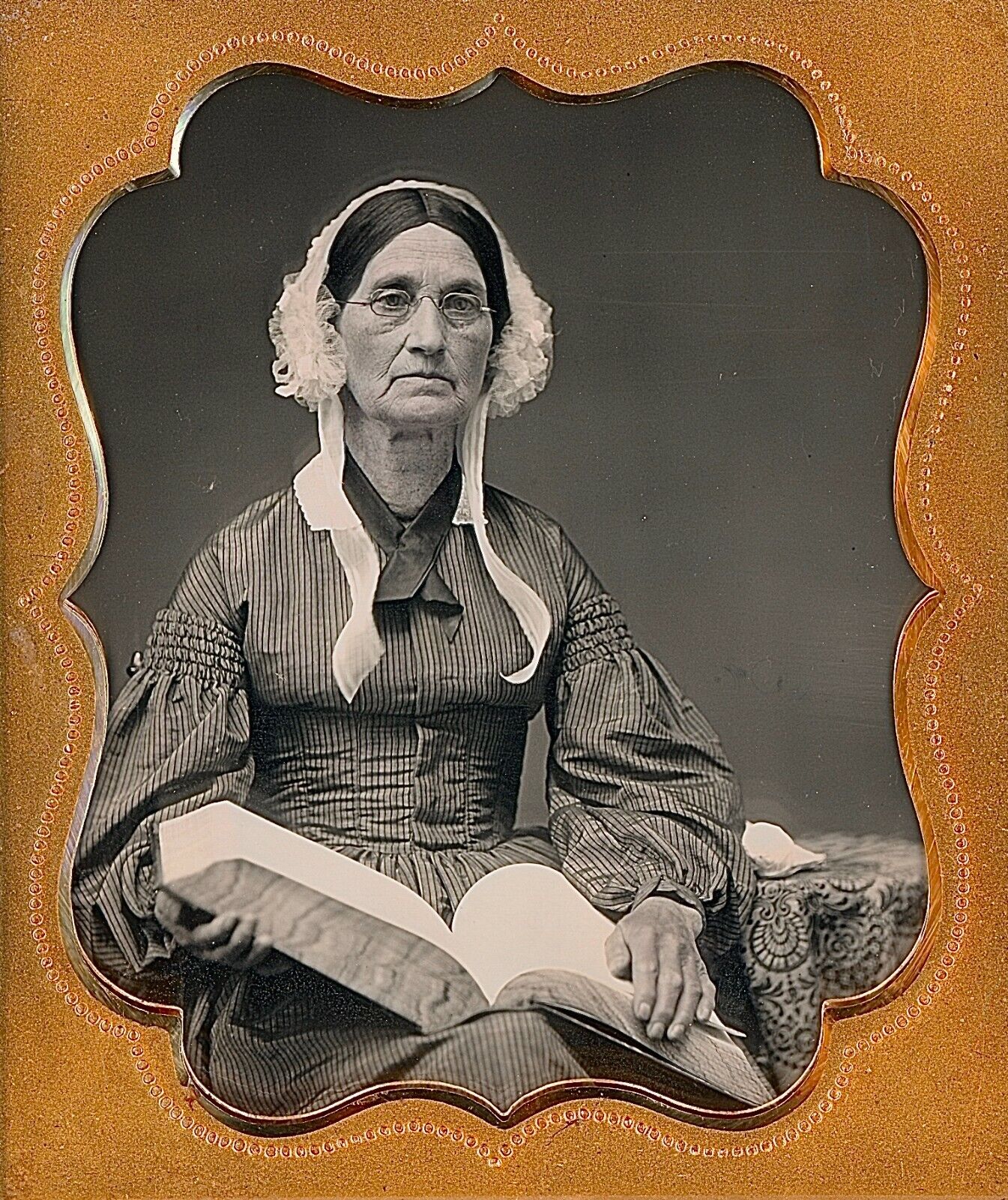 Elderly Woman Holding Huge Book Day Cap Spectacles 1/6 Plate Daguerreotype H792