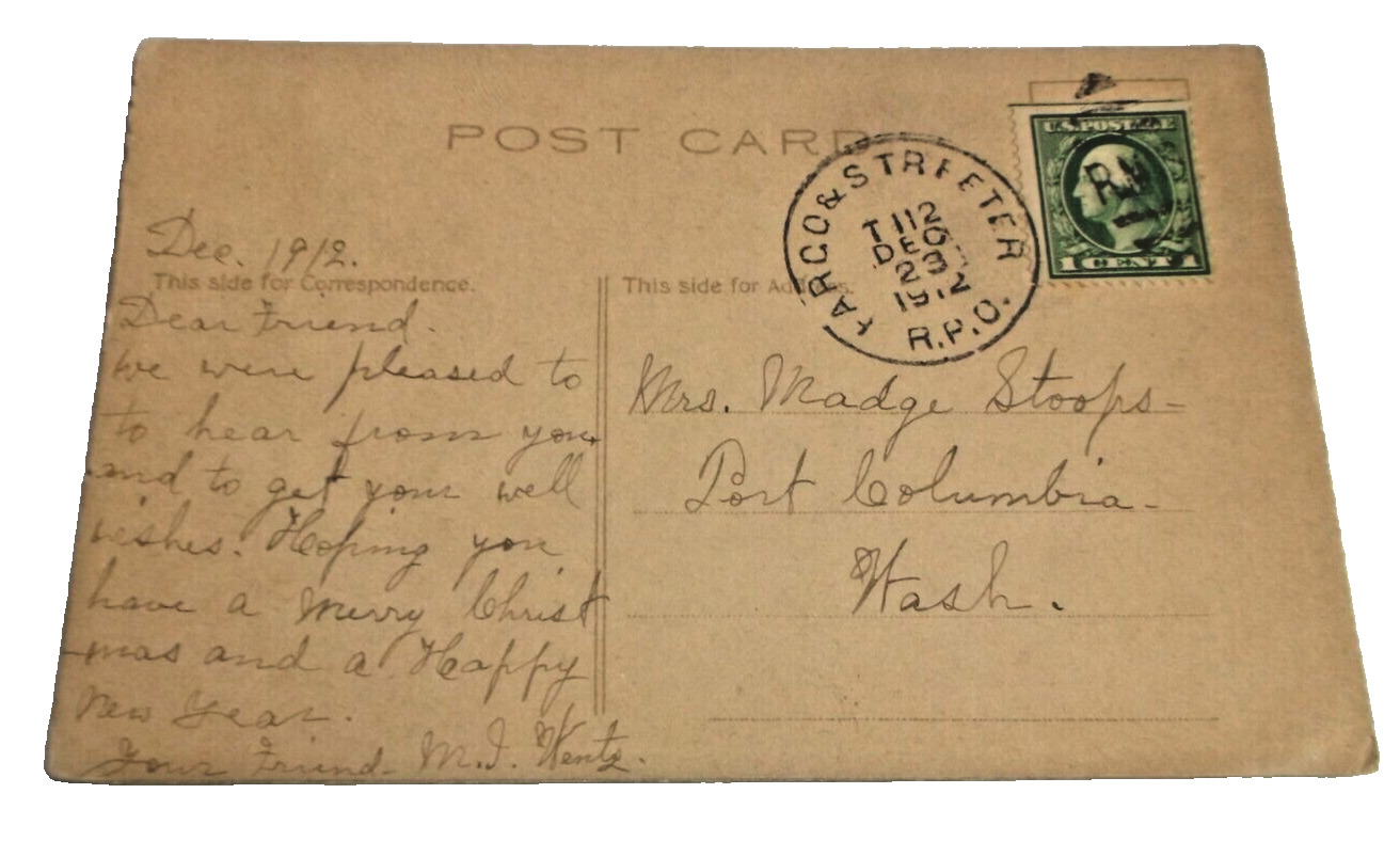 DECEMBER 1912 NORTHERN PACIFIC FARGO & STREETER TRAIN #112 RPO POST CARD